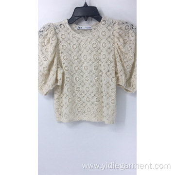 Cream Crochet Bubble Sleeve Top